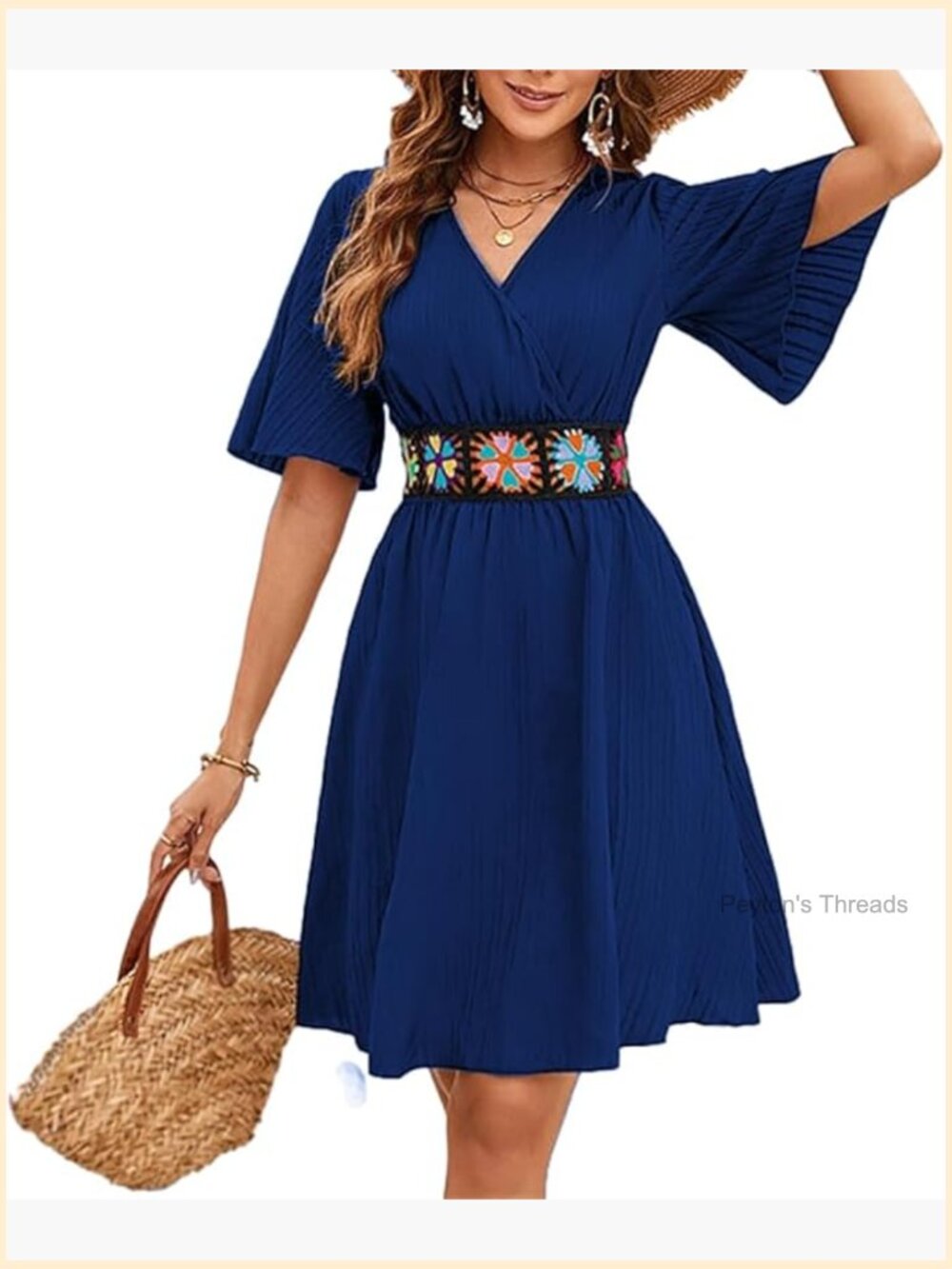 Flowy Puff Sleeve Midi Sun Dress with V-Neck and Embroidered Waist